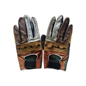 Vtg Leather Patchwork Colorblock Driving Gloves Warm Fall Tones L